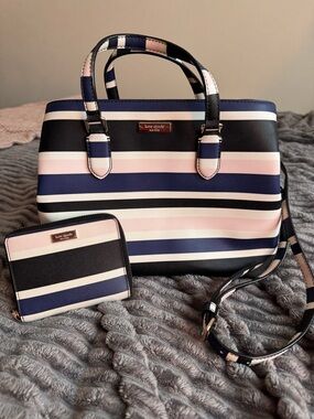 kate spade Navy, Pink & White Striped Satchel with Wallet